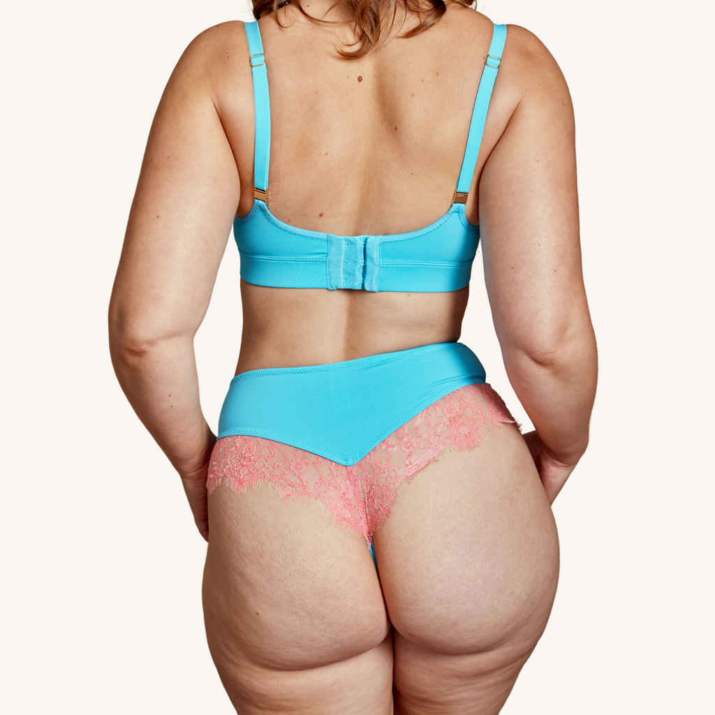 Back view of our Siren blue high waist thong with pink lace - Valiant Lingerie